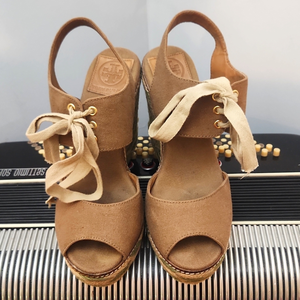 TORY BURCH LINLEY BROWN CANVAS W/GREEN ACCENT ESPIDRILLES WEDGE SANDALS SIZE 8 - Picture 2 of 7